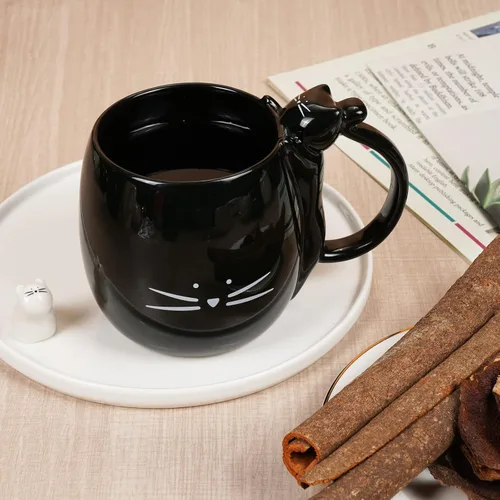 Miniatura 6 de Koolkatkoo Taza de café con diseño de gato, regalo para amantes de los gatos, tazas de té de cerámica, color negro, 16 onzas Gato plano negro