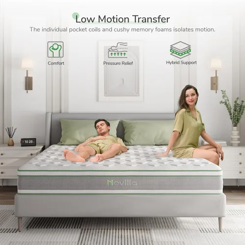 Miniatura 3 de Novilla Colchón tamaño King, espuma viscoelástica de gel de 12 pulgadas y bobinas en bolsillos con aislamiento de movimiento para un sueño