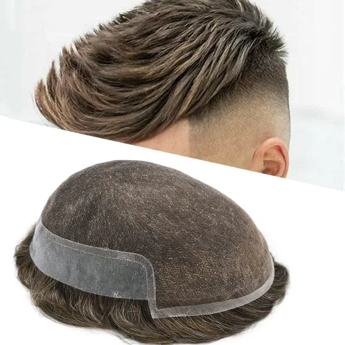 Miniatura 60 de Sistema de cabello para hombres, pieza de cabello humano real, tupé para hombres, encaje suizo para hombre, nudo blanqueado para hombre, tupé