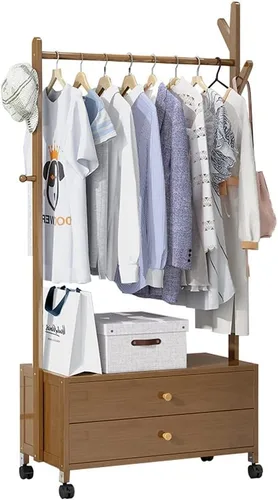 Miniatura 9 de Perchero independiente resistente, perchero de bambú con ruedas, ideal para almacenamiento de ropa de dormitorio