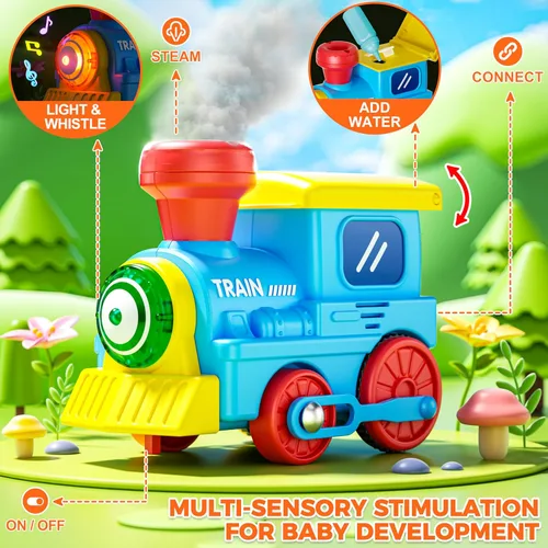 Miniatura 5 de Juego de tren para niños pequeños con vapor, música y luces - Juguete de tren eléctrico para niños con accesorios de vías, incluye 3 vagones