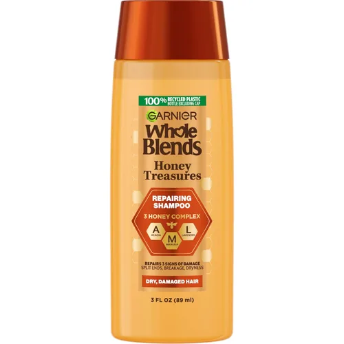 Garnier Whole Blends Honey Treasures Champú reparador, para cabello seco y dañado, 3 onzas líquidas (tamaño de viaje), 1 unidad (el embalaje puede