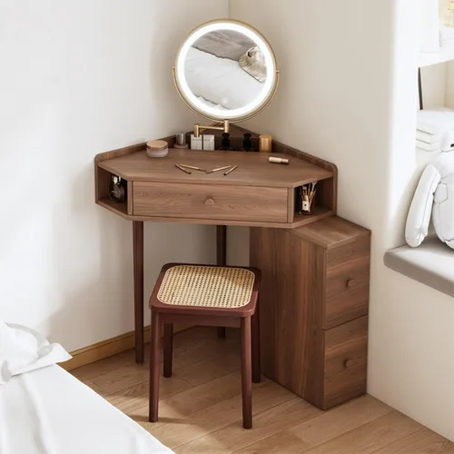 Miniatura 11 de Escritorio esquinero para dormitorio, juego de tocador blanco, con espejo de brillo ajustable, con 1 cajón y armario lateral, con estantes