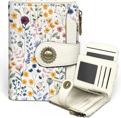 Miniatura 27 de Icycay Cartera pequeña para mujer, plegable con bloqueo RFID, soporte para tarjetas de crédito, bolsillo con cremallera para monedas, piel