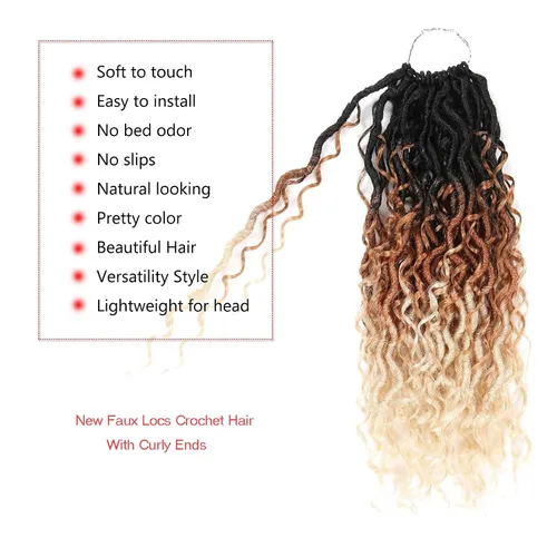 Miniatura 7 de Cabello de ganchillo Goddess Locs rubio degradado de 18 pulgadas, 7 paquetes de Faux Locs de tres tonos con extremos rizados, cabello de ganchillo