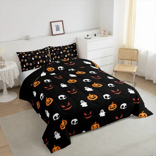 Miniatura 5 de Juego de edredón de dibujos animados tamaño individual, bonito edredón con patrón de farol de calabaza, relleno de edredón de Halloween para niños