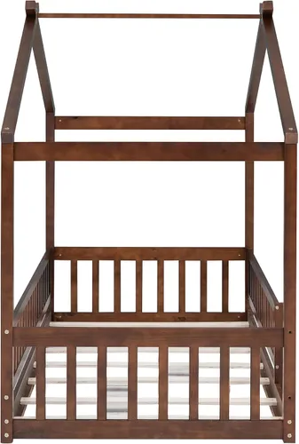 Miniatura 8 de Cama de casa tamaño individual con barandillas de valla, marco de cama de madera estilo Montessori para niños, divertidas camas de casa