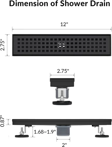 Miniatura 5 de Desagüe lineal de ducha de 12 pulgadas con rejilla extraíble, desagüe de ducha negro mate con accesorios, certificado CUPC rectángulo de drenaje