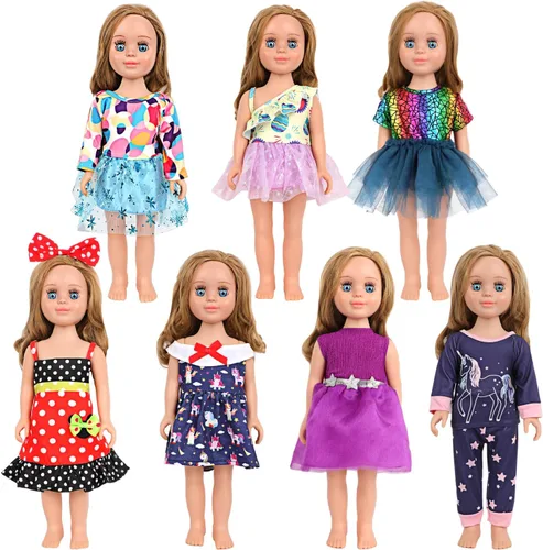 MSYO 7 juegos de ropa de muñeca de 18 pulgadas, vestidos temáticos elegantes y pijamas para muñecas de 18 pulgadas, tela suave, exquisita mano de