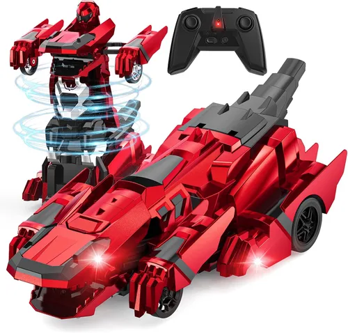 Miniatura 9 de Kroyedfuw Coches RC Transformables de Dinosaurio, Coche de Control Remoto 2.4Ghz que se Transforma en Robot con Luz Intermitente, Rotación 360°