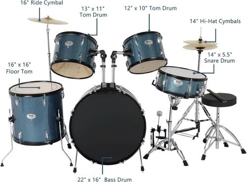 Miniatura 3 de Ktaxon Juego de batería para adultos de 22 pulgadas, kit de batería completo de 5 piezas con soportes de platillos, soporte de hi-hat, baquetas, Azul