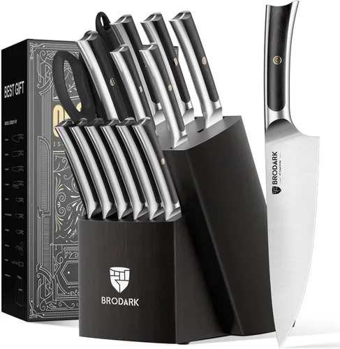 BRODARK Juego de Cuchillos de 15 Piezas, Juego de Cuchillos de Chef con Bloque y Afilador, Juego de Bloque de Cuchillos de Acero Inoxidable con Alto