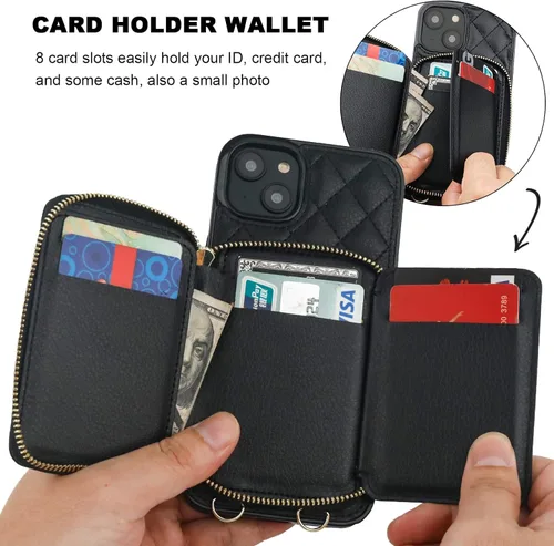 Miniatura 4 de Bocasal Funda tipo cartera cruzada para iPhone 14 Plus, bloqueo RFID, de piel sintética, con cremallera, funda tipo cartera con función atril y Negro
