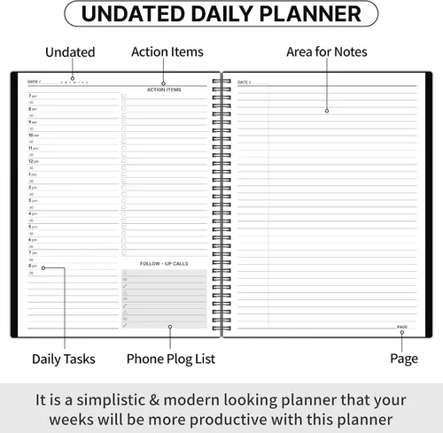Miniatura 3 de Agenda diaria sin fecha, planificadores de citas en espiral, 208 páginas, 8.8 x 11 pulgadas, agenda diaria con horarios por hora, libro de citas