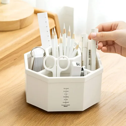 Miniatura 3 de Organizador de escritorio, soporte multifuncional giratorio de 360 grados, 5 compartimentos, organizador estacionario de escritorio, caja de Blanco