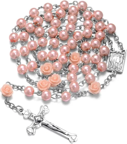 Miniatura 2 de SZQCZB Rosario - Collar católico con medalla del suelo sagrado Crucifijo con caja de metal y 18 tarjetas de oración