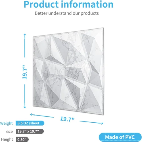 Miniatura 5 de Art3d Textures - Paneles de pared 3D con diseño de diamante de mármol blanco brillante para decoración de pared interior, paquete de 12 azulejos