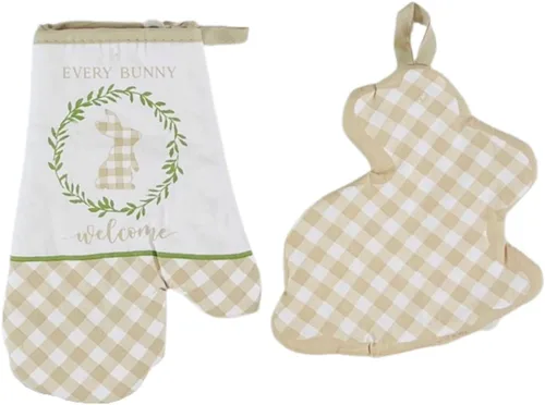 Miniatura 2 de Juego de manoplas de cocina de primavera de Pascua, soporte para ollas, 5c: colorido floral Pascua cada conejito Bienvenido Gingham Border Design