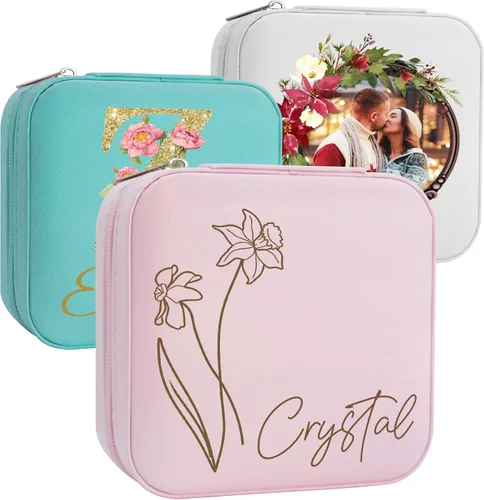 Miniatura 9 de Joyero personalizado para regalos de dama de honor, flor de nacimiento, inicial, joyería de viaje personalizada para mujeres, organizador de joyas