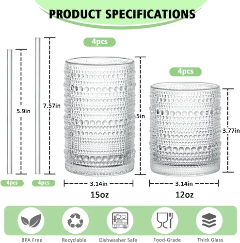 Miniatura 2 de Vasos de beber con asas Hobnail con pajitas, juego de 8 vasos vintage de 15 oz y 12 oz, juego de vasos con relieve para beber, vasos de vidrio