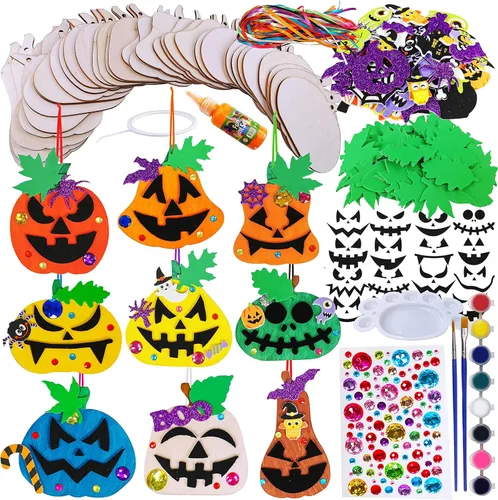 Winlyn Juego de 63 juegos de manualidades de Halloween, manualidades de otoño, adornos de calabaza de madera, decoraciones de decoración de