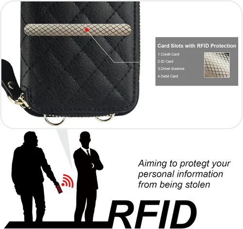 Miniatura 3 de Bocasal Funda tipo cartera cruzada para iPhone 14 Plus, bloqueo RFID, de piel sintética, con cremallera, funda tipo cartera con función atril y Negro