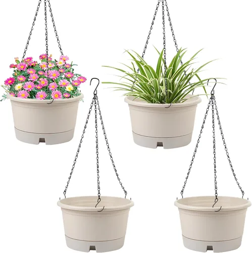 Macetas colgantes de 10 pulgadas para plantas de interior, paquete de 4 cestas colgantes de plástico con bandejas extraíbles y cadena de 15.7