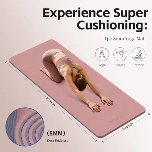 Miniatura 2 de PAIDU Yoga Mat 8mm Super Thick TPE Fitness Mat SGS Certified Non-Slip, Odorless & Tear-Resistant Unisex with Strap for Yoga, Pilates, Rosa