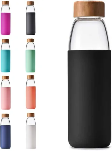 Miniatura 9 de Botellas de agua de vidrio de borosilicato de 25 onzas con tapa de bambú, sin BPA, funda de silicona antideslizante y tapa a prueba de fugas de Azul