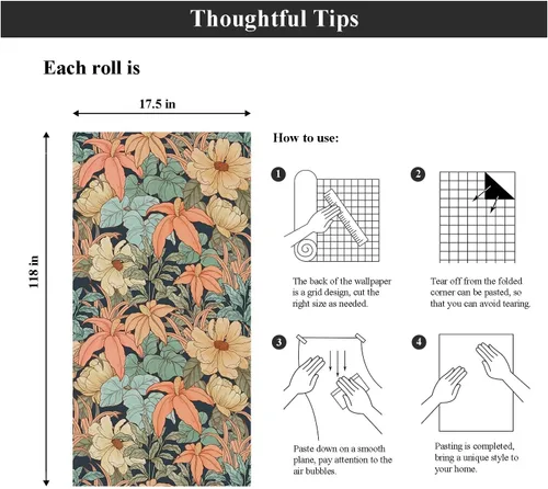Miniatura 6 de Laatse Papel Tapiz Floral Despegar y Pegar, Papel Tapiz Vintage de Peonías y Margaritas, Papel de Contacto Floral Autoadhesivo Mural de Pared