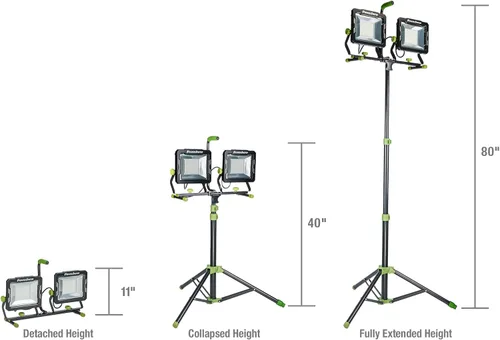 Miniatura 6 de PowerSmith Luz de trabajo LED de doble cabezal de 30,000 lúmenes con trípode de metal ajustable de 80 pulgadas con bloqueo giratorio y cable