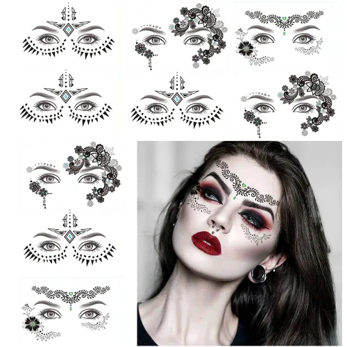 Paquete de 9 calcomanías de maquillaje facial de ojos, impermeables, de encaje negro, tatuaje temporal para mujeres y niñas, Halloween, Navidad,