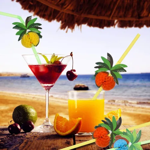 Miniatura 5 de ALINK 50 pajitas de árbol de coco, suministros de decoración de fiesta hawaiana para cóctel de playa Luau Diseño de árbol de coco