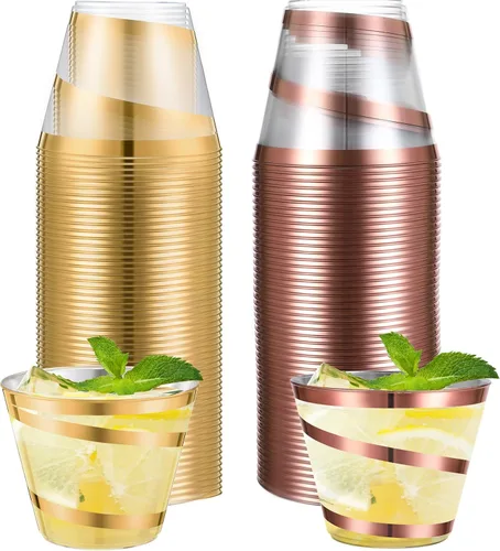 Miniatura 27 de Gejoy Tazas de plástico con borde en espiral de 9 onzas desechables, tazas de vino de plástico elegantes y transparentes, elegantes jarras de Oro