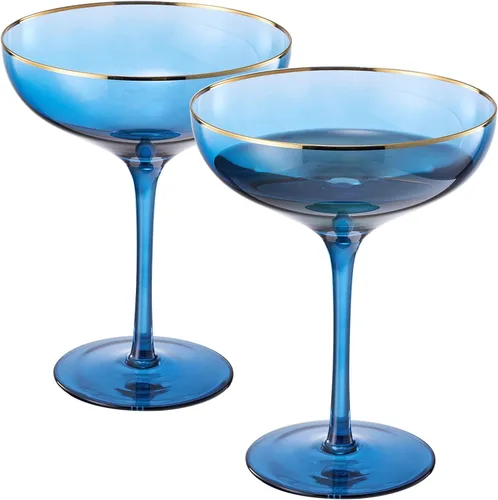The Wine Savant Copé de copa de color azul real y borde dorado, copas de cóctel y champán de 9 onzas, juego de 2 vasos vintage dorados de colores