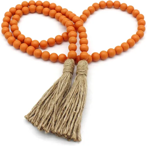 CVHOMEDECO. Guirnalda de cuentas de madera con borlas, diseño rústico de granja, cadena de cuentas de oración para colgar en la pared, acento para