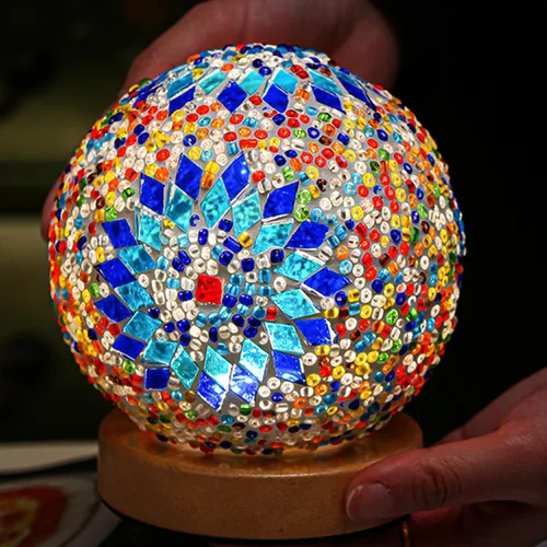 Miniatura 7 de Lámpara de mesa turca (D: 4.7 pulgadas x 5.2 pulgadas de alto), lámparas de mosaico de vidrio con base de madera, lámparas de noche Tiffany