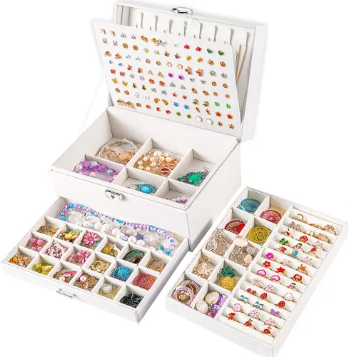 Joyero de pendientes para mujeres y niñas, organizador de aretes de 5 capas, caja organizadora de joyas blanca con candado, collares y aretes,