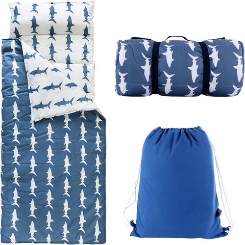 Colchoneta para siesta para niños pequeños con almohada extraíble y manta suave, saco de dormir ligero para guardería, preescolar y jardín de Tiburón