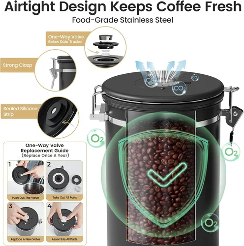 Miniatura 6 de Veken Recipiente de café grande con ventana, recipiente hermético de acero inoxidable para almacenamiento de alimentos de cocina para granos de café