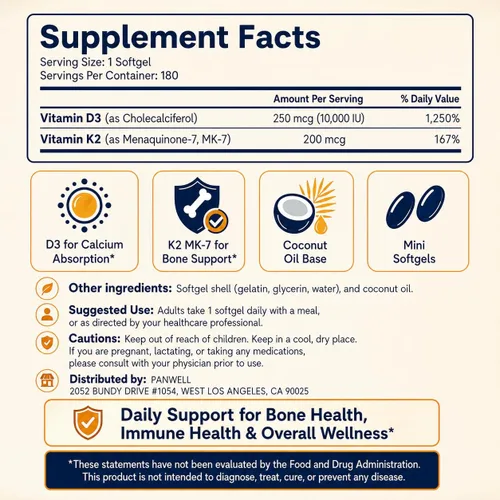 Miniatura 6 de PANWELL Vitamina D3 K2 10000 UI cápsulas blandas con MK-7 200 mcg, suplemento D3 K2 con aceite de coco, apoya la absorción de calcio, hueso, dientes