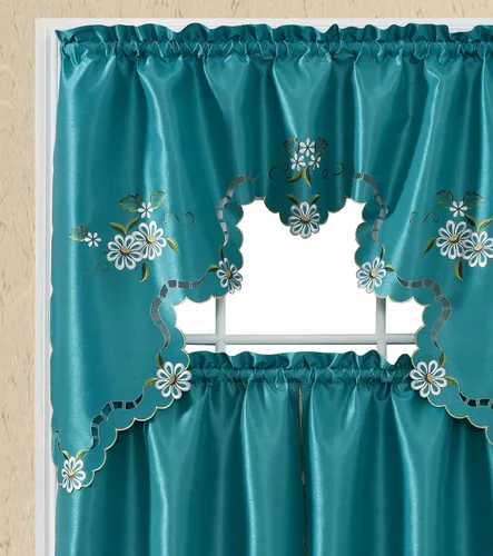 Miniatura 10 de Gohd Cutwork Floral. Juego de cortinas de cocina. Juego de cenefa y flecos. Lindo bordado en tela de seda sintética con calados. (Gris)