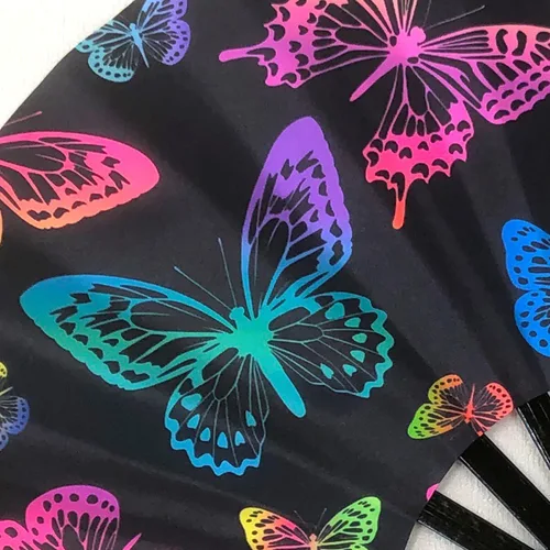 Miniatura 4 de Ventilador plegable que brilla con rayos UV, ventilador de mano de bambú para verano, decoración de mariposa, baile, fiesta, boda, club nocturno