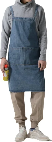 Miniatura 20 de Jeelow Delantal de cocina de algodón o sarga de algodón para hombres y mujeres, ajustable con bolsillos ajustables
