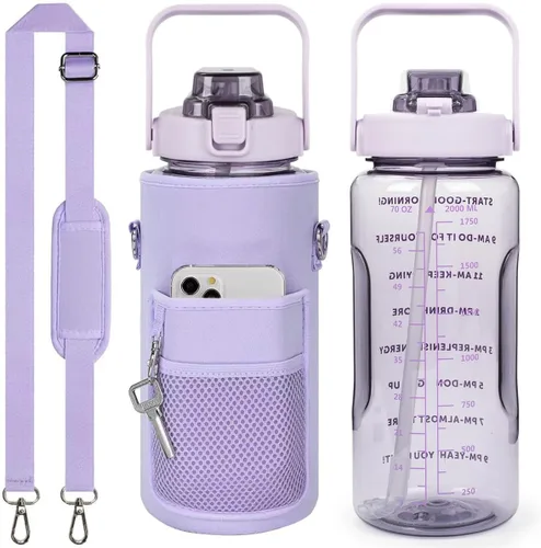 Miniatura 10 de Botella de Agua de Medio Galón con Funda, Botella de Agua Motivacional de 64 Onzas con Pajita y Marcador de Tiempo, Botella de Agua Grande