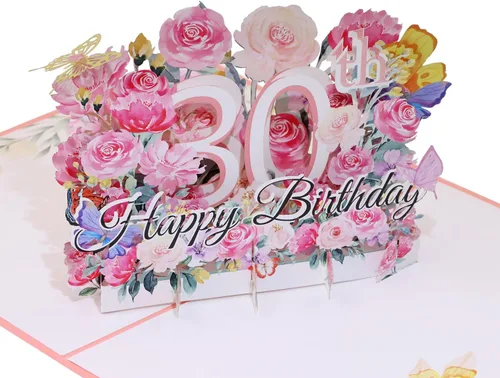 PENTA ANGEL Tarjeta de felicitación de feliz cumpleaños 30 con diseño de flores 3D, regalo de cumpleaños de 30 años con sobre en blanco para su