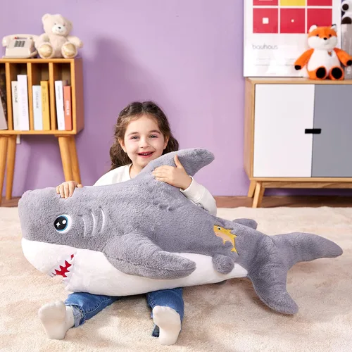Miniatura 4 de IKASA Juguete de peluche de tiburón gigante, 39 pulgadas, juguetes suaves grandes y bonitos, enorme tamaño grande, esponjoso, de gran