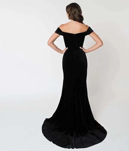 Miniatura 5 de RYANTH Vestido de fiesta de terciopelo de sirena para mujer, con hombros descubiertos, vestido de noche con abertura, vestido de cóctel RPM111