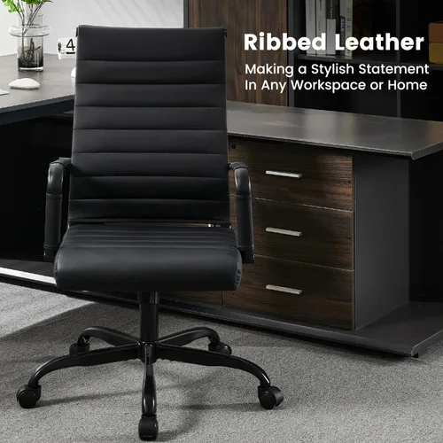 Miniatura 2 de Silla de escritorio de oficina de cuero, sillas de sala de conferencias con ruedas, sillas ejecutivas modernas para invitados con brazos. Negro mate