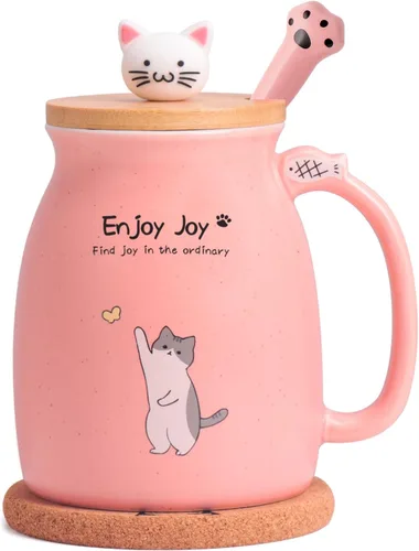 Miniatura 8 de Taza Linda de Gato de Cerámica para Café con Tapa de Madera de Gato Kawaii, Encantadora Cuchara de Acero Inoxidable, Posavasos de Madera Engrosada